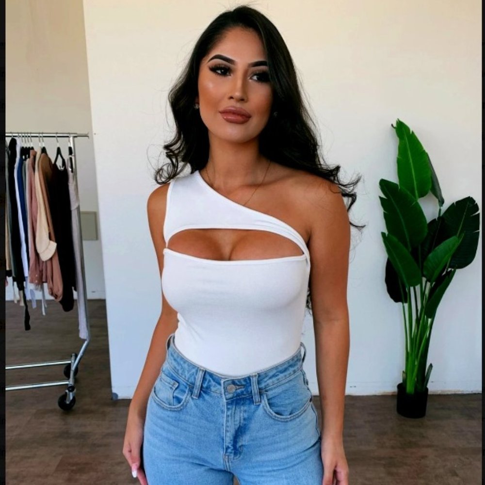 Bodysuit Ivory/White , One Shoulder, Open Chest Slit, Fitted S, M, L